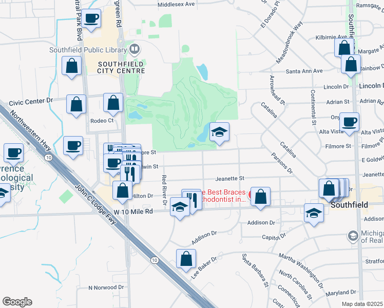 map of restaurants, bars, coffee shops, grocery stores, and more near 19351 Filmore Street in Southfield