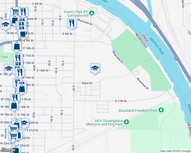 map of restaurants, bars, coffee shops, grocery stores, and more near 1001 Arbor Drive in South Sioux City