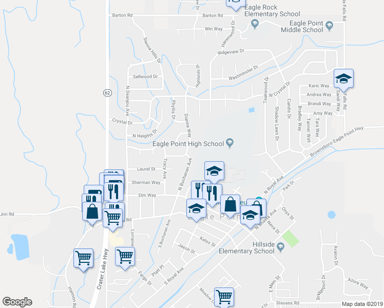 map of restaurants, bars, coffee shops, grocery stores, and more near 174 North Buchanan Avenue in Eagle Point