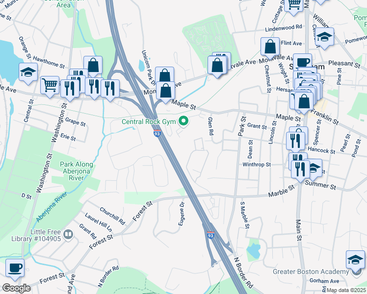 map of restaurants, bars, coffee shops, grocery stores, and more near 117 Hill Street in Stoneham