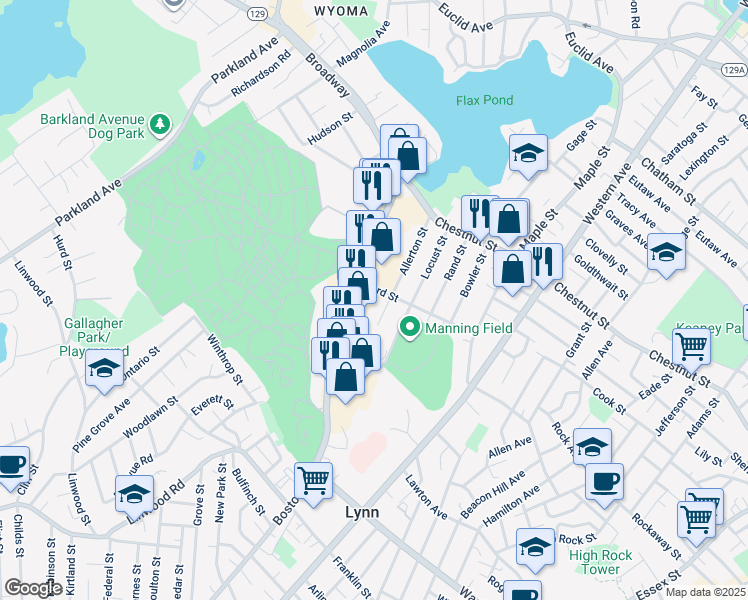 map of restaurants, bars, coffee shops, grocery stores, and more near 60 Boston Street in Lynn