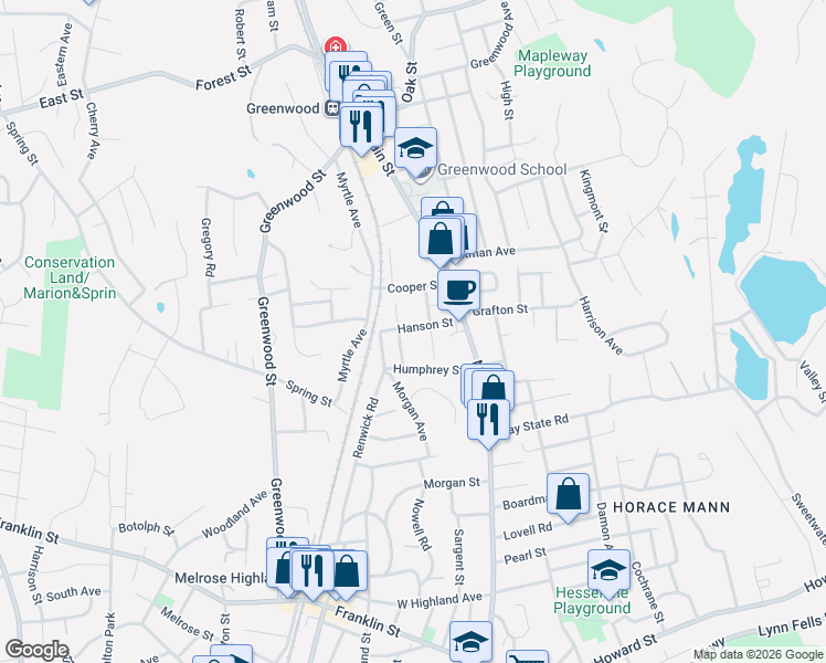 map of restaurants, bars, coffee shops, grocery stores, and more near 9 Grove Street in Wakefield