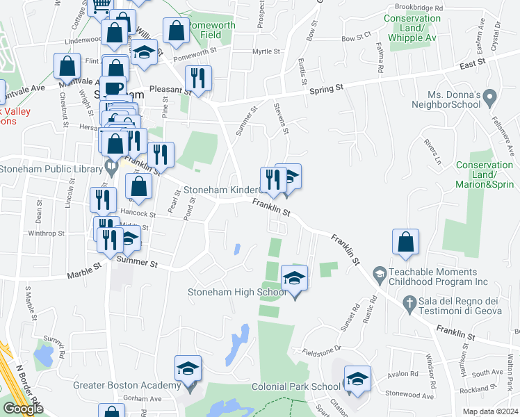 map of restaurants, bars, coffee shops, grocery stores, and more near in Stoneham