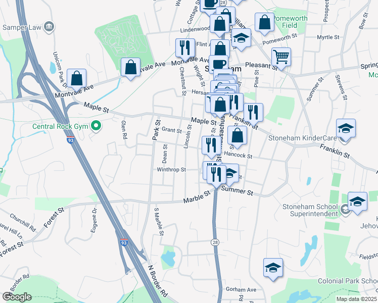 map of restaurants, bars, coffee shops, grocery stores, and more near 179 Hancock Street in Stoneham