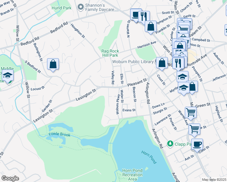 map of restaurants, bars, coffee shops, grocery stores, and more near 137 Pleasant Street in Woburn