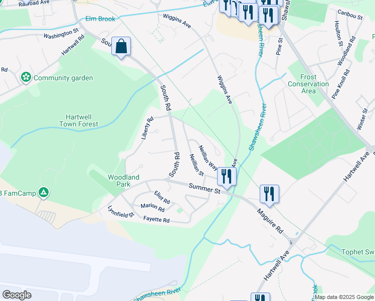 map of restaurants, bars, coffee shops, grocery stores, and more near 17 Neillian Street in Bedford