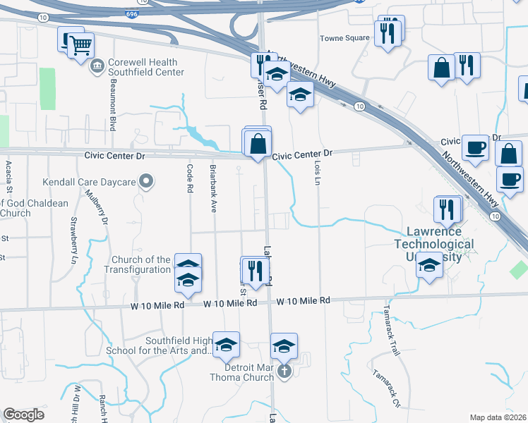 map of restaurants, bars, coffee shops, grocery stores, and more near 25700 Lahser Road in Southfield