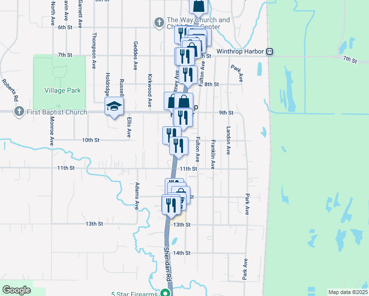 map of restaurants, bars, coffee shops, grocery stores, and more near 1717 10th Street in Winthrop Harbor