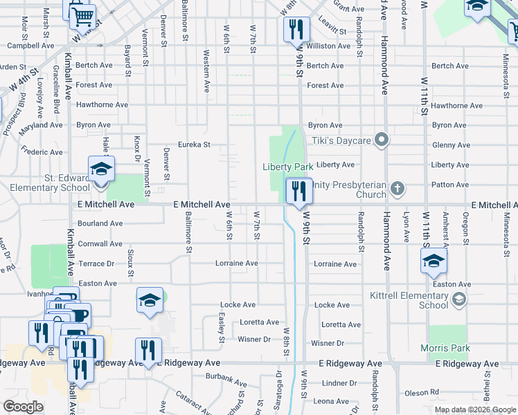 map of restaurants, bars, coffee shops, grocery stores, and more near 1952 West 7th Street in Waterloo