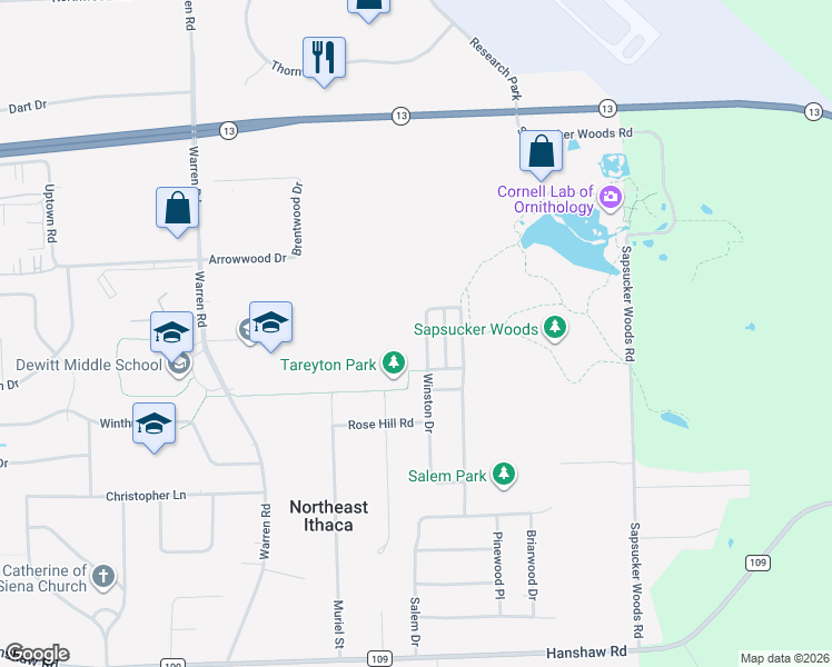 map of restaurants, bars, coffee shops, grocery stores, and more near 408 Winston Court in Ithaca