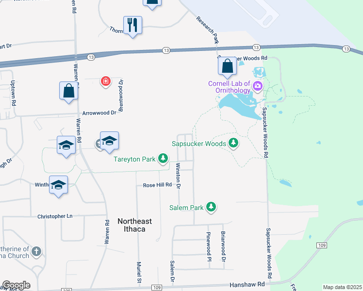 map of restaurants, bars, coffee shops, grocery stores, and more near 607 Winston Court in Ithaca