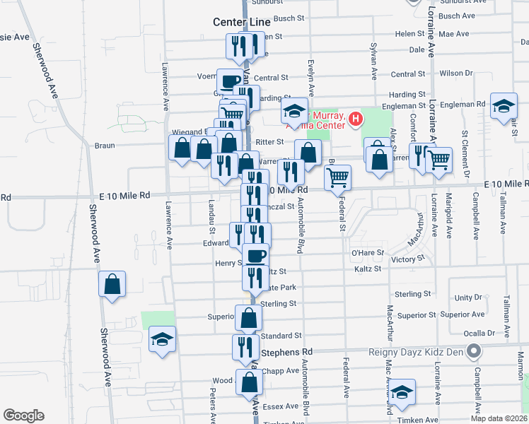map of restaurants, bars, coffee shops, grocery stores, and more near 24932 Van Dyke Avenue in Center Line
