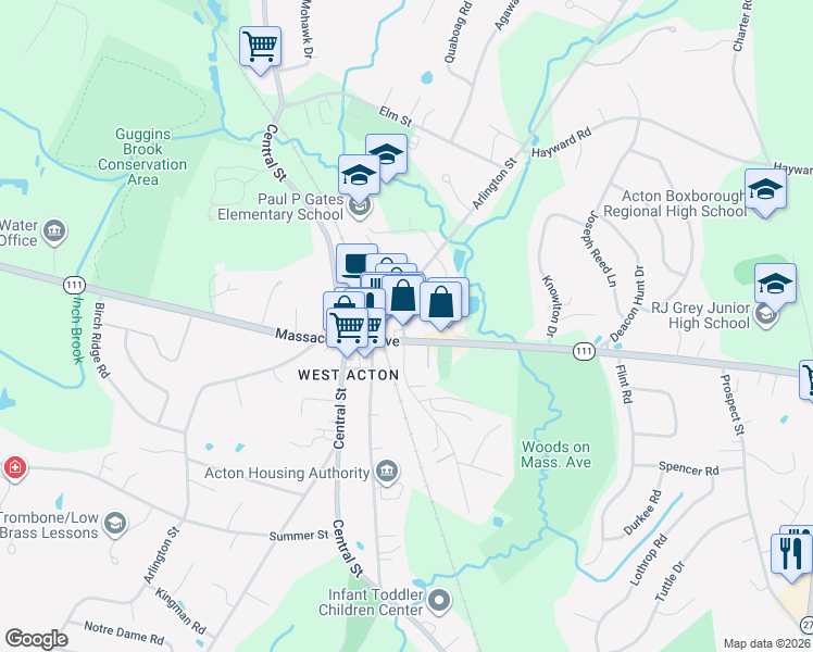 map of restaurants, bars, coffee shops, grocery stores, and more near 59 Spruce Street in Acton