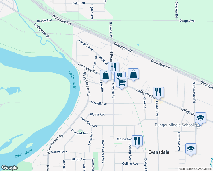 map of restaurants, bars, coffee shops, grocery stores, and more near 3560 Lafayette Road in Evansdale