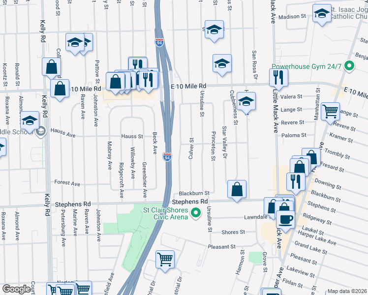 map of restaurants, bars, coffee shops, grocery stores, and more near 24701 Wood Street in St. Clair Shores