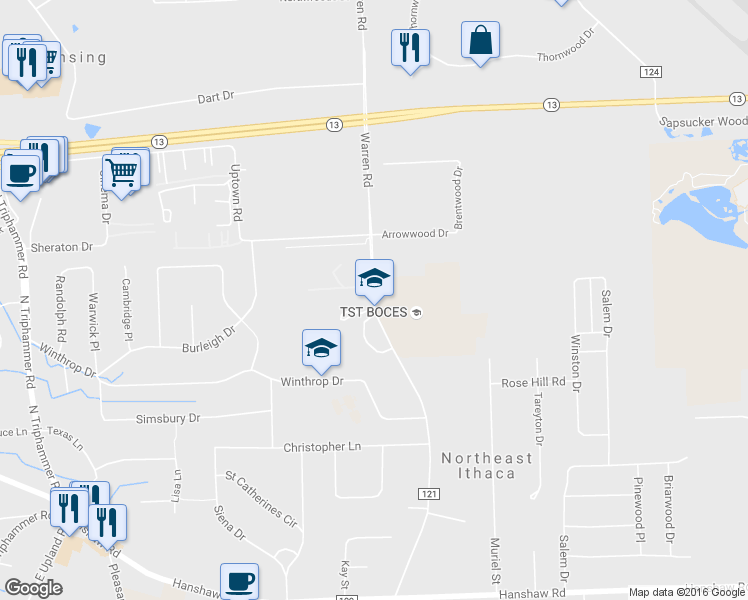 map of restaurants, bars, coffee shops, grocery stores, and more near County Road 121 in Ithaca