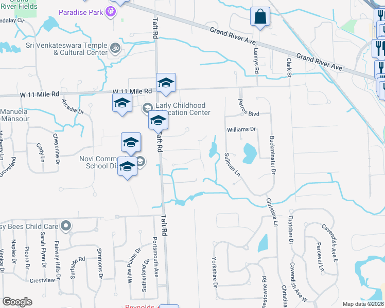 map of restaurants, bars, coffee shops, grocery stores, and more near 45254 Jacob Drive in Novi