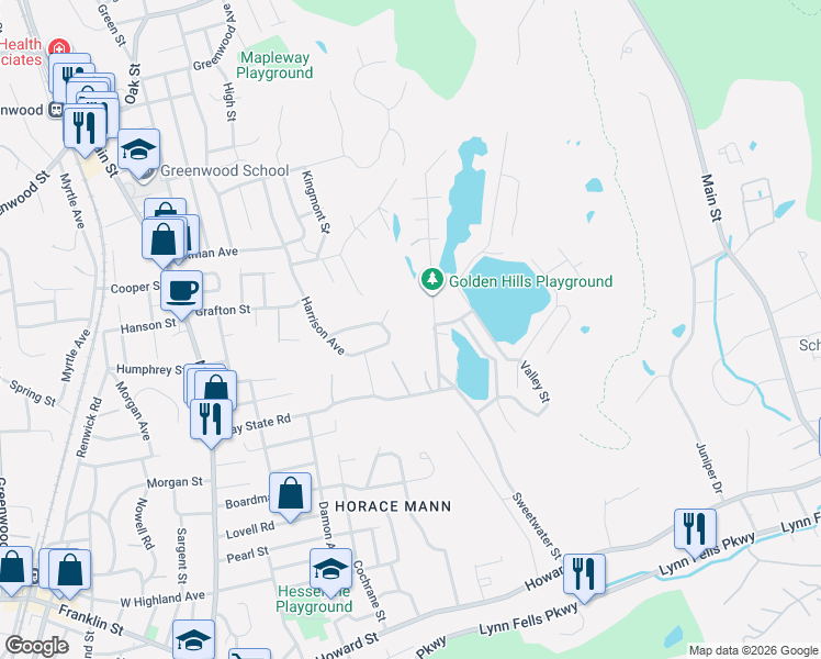 map of restaurants, bars, coffee shops, grocery stores, and more near 5 Court Street in Saugus