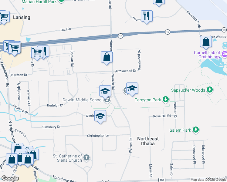 map of restaurants, bars, coffee shops, grocery stores, and more near County Road 121 in Ithaca