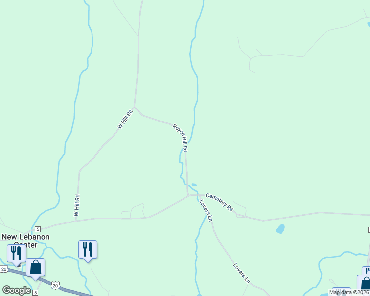 map of restaurants, bars, coffee shops, grocery stores, and more near Royce Hill Road in New Lebanon
