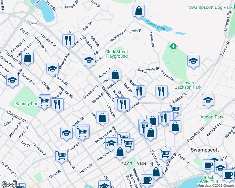 map of restaurants, bars, coffee shops, grocery stores, and more near 53 Bessom Street in Lynn