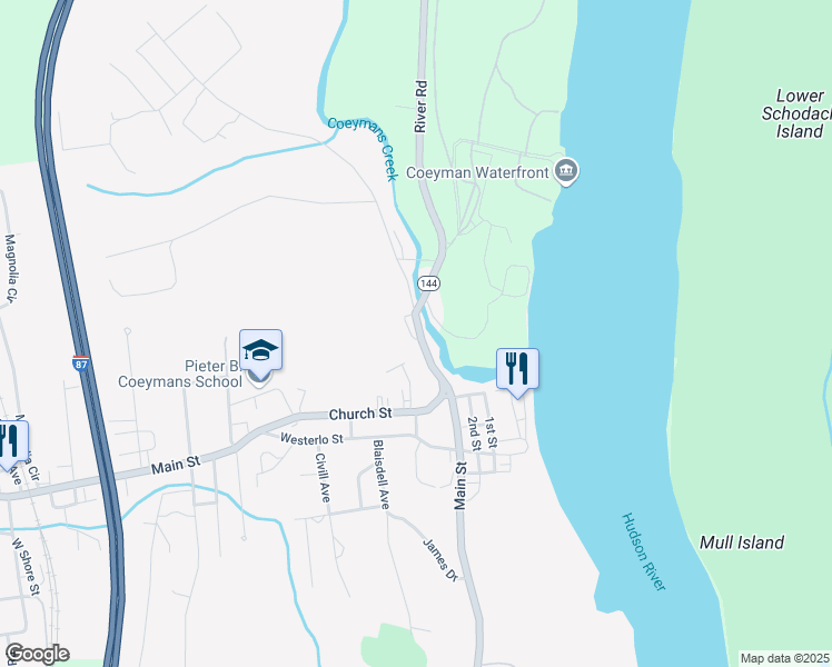 map of restaurants, bars, coffee shops, grocery stores, and more near 133 Main Street in Coeymans