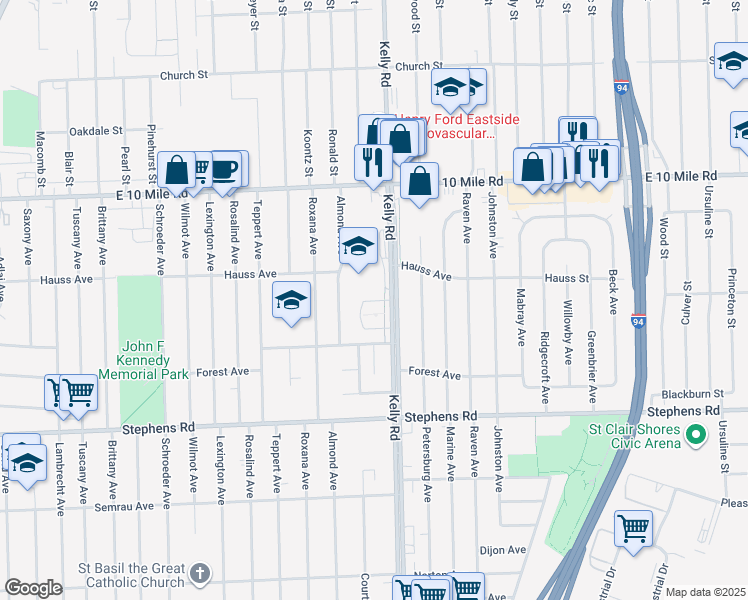 map of restaurants, bars, coffee shops, grocery stores, and more near 24685 Kelly Road in Eastpointe