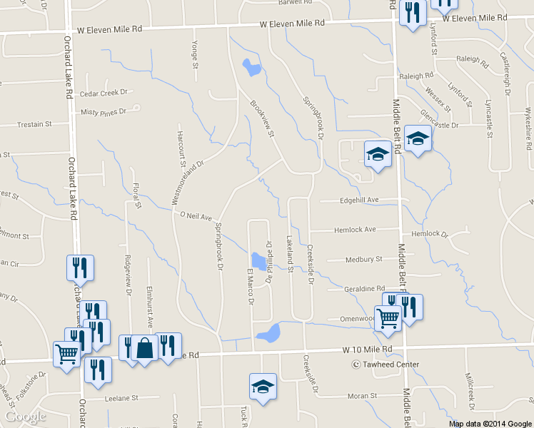 map of restaurants, bars, coffee shops, grocery stores, and more near 30324 Le Mans Drive in Farmington Hills