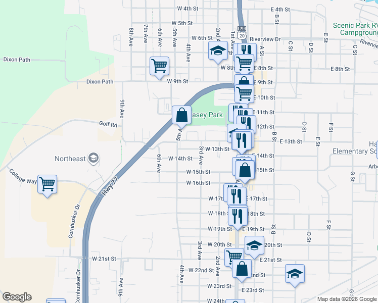map of restaurants, bars, coffee shops, grocery stores, and more near 1210 5th Avenue in South Sioux City