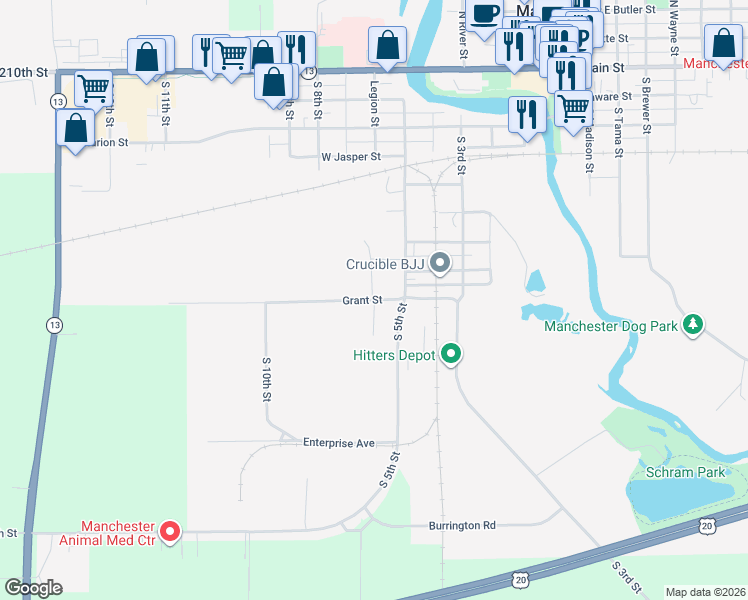 map of restaurants, bars, coffee shops, grocery stores, and more near Grant Street in Manchester