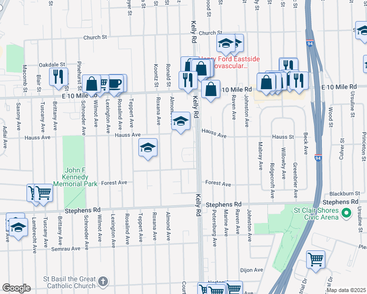 map of restaurants, bars, coffee shops, grocery stores, and more near 24563 Kelly Road in Eastpointe