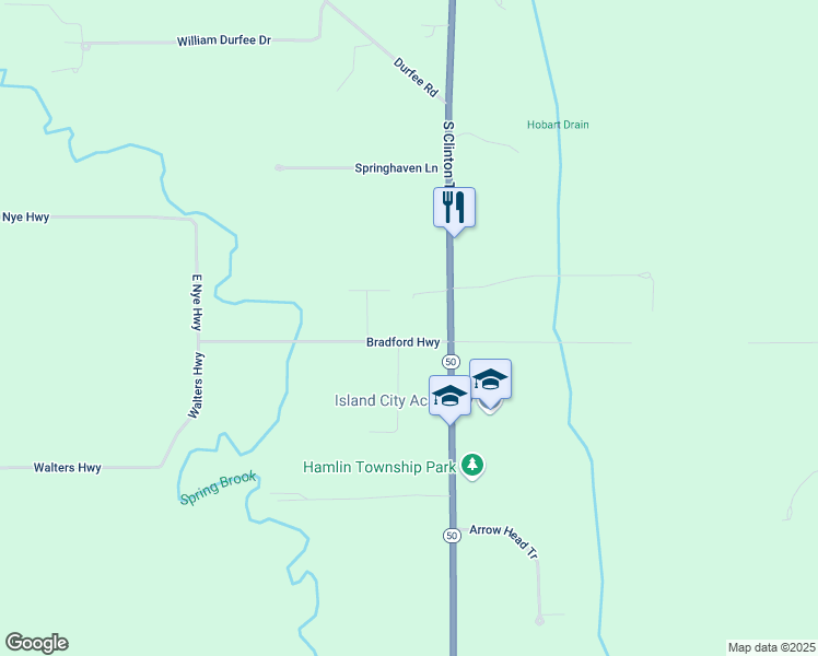 map of restaurants, bars, coffee shops, grocery stores, and more near 8895 Bradford Highway in Eaton Rapids