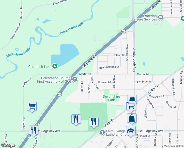map of restaurants, bars, coffee shops, grocery stores, and more near 700 Martin Road in Waterloo