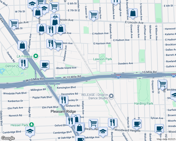 map of restaurants, bars, coffee shops, grocery stores, and more near 1534 Maryland Club Drive in Royal Oak