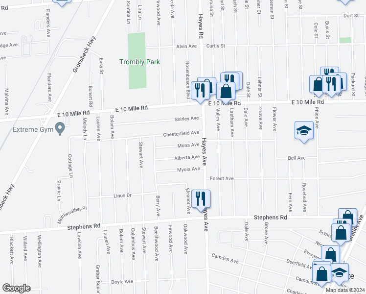 map of restaurants, bars, coffee shops, grocery stores, and more near 14904 Mona Avenue in Warren