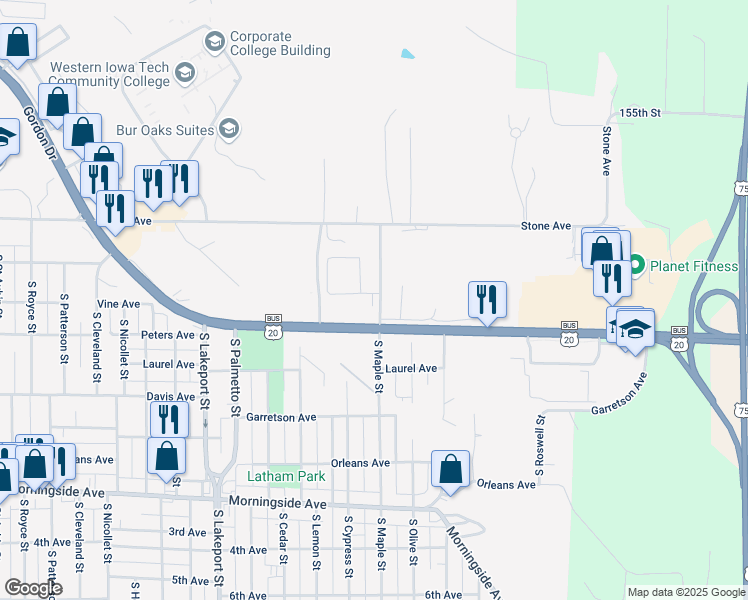 map of restaurants, bars, coffee shops, grocery stores, and more near 1331 South Maple Street in Sioux City