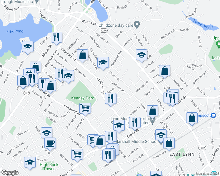 map of restaurants, bars, coffee shops, grocery stores, and more near 14 Massachusetts Avenue in Lynn