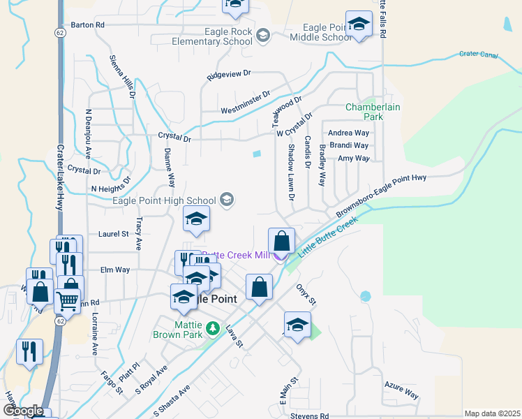 map of restaurants, bars, coffee shops, grocery stores, and more near 213 Teakwood Drive in Eagle Point