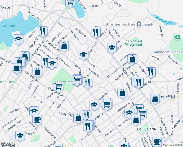 map of restaurants, bars, coffee shops, grocery stores, and more near 44 Webster Street in Lynn