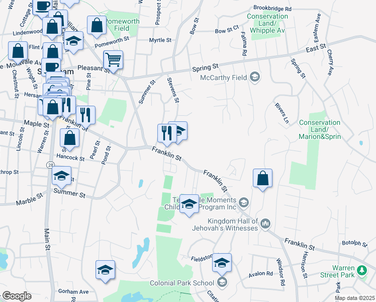 map of restaurants, bars, coffee shops, grocery stores, and more near 136 Franklin Street in Stoneham