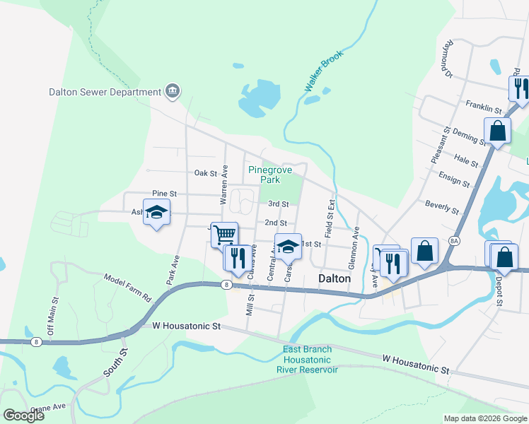 map of restaurants, bars, coffee shops, grocery stores, and more near 24 3rd Street in Dalton