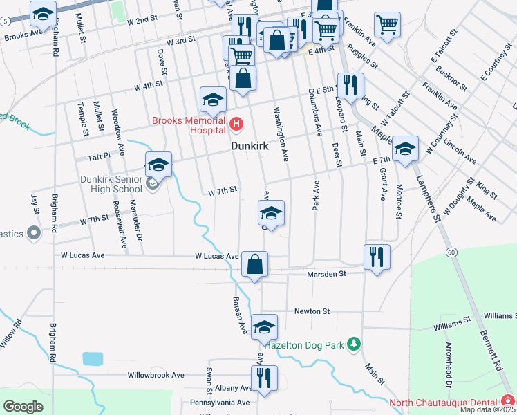 map of restaurants, bars, coffee shops, grocery stores, and more near 717 Central Avenue in Dunkirk