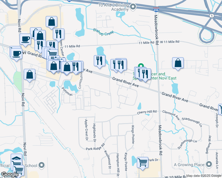 map of restaurants, bars, coffee shops, grocery stores, and more near 42235 Grand River Avenue in Novi