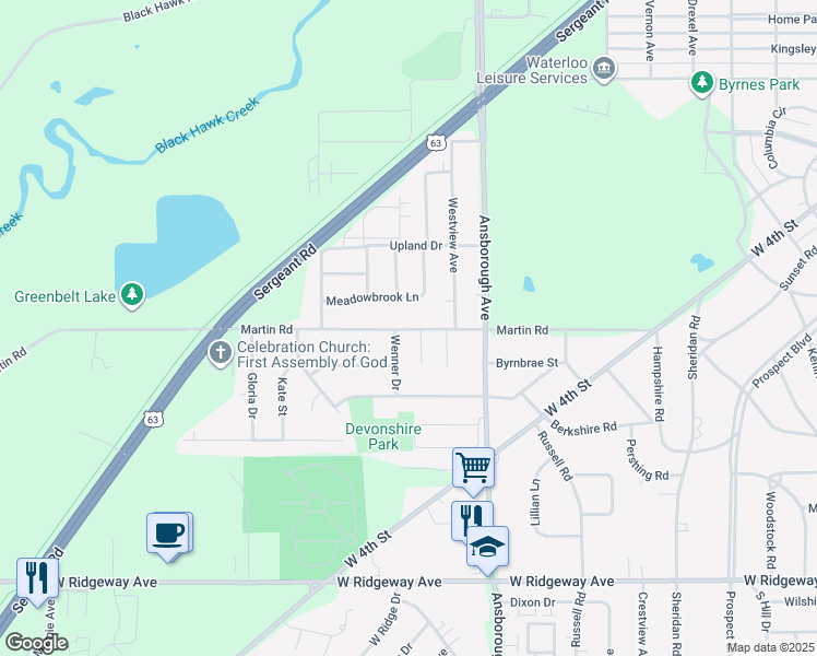 map of restaurants, bars, coffee shops, grocery stores, and more near 506 Martin Rd in Waterloo