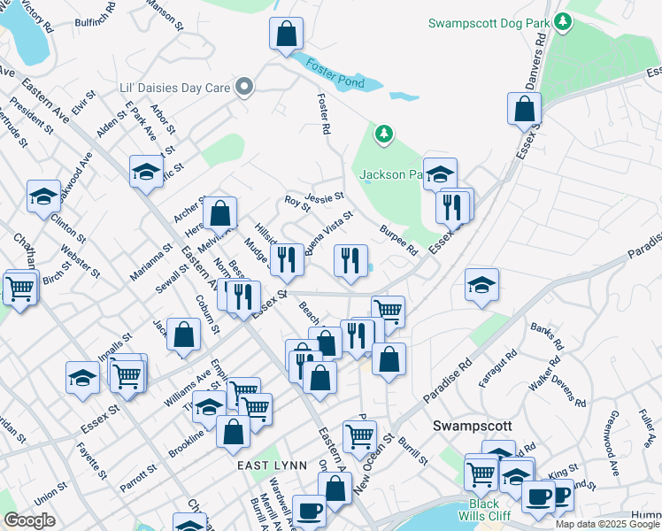 map of restaurants, bars, coffee shops, grocery stores, and more near 54 Cherry Street in Swampscott