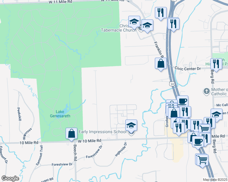 map of restaurants, bars, coffee shops, grocery stores, and more near 24777 Denso Drive in Southfield