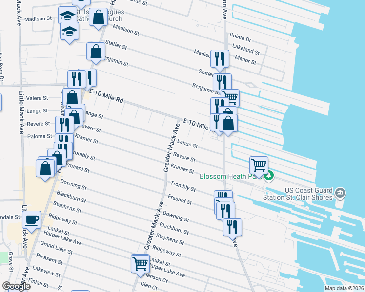 map of restaurants, bars, coffee shops, grocery stores, and more near 22220 Lange Street in St. Clair Shores
