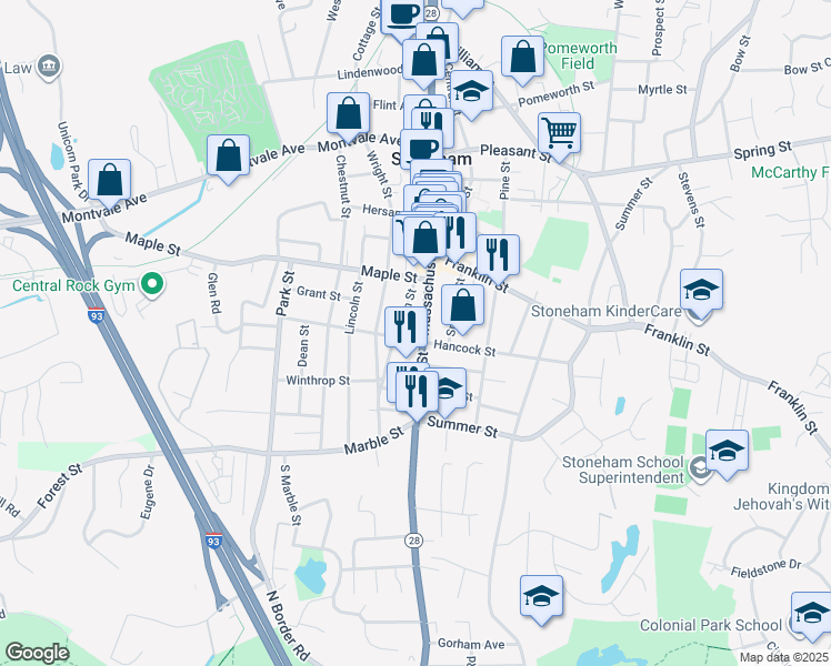 map of restaurants, bars, coffee shops, grocery stores, and more near 457 Main Street in Stoneham