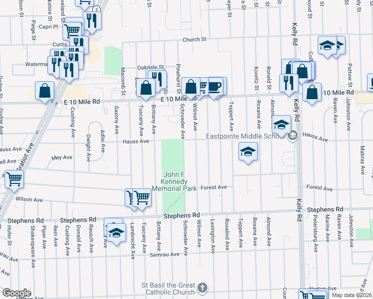 map of restaurants, bars, coffee shops, grocery stores, and more near 24672 Schroeder Avenue in Eastpointe