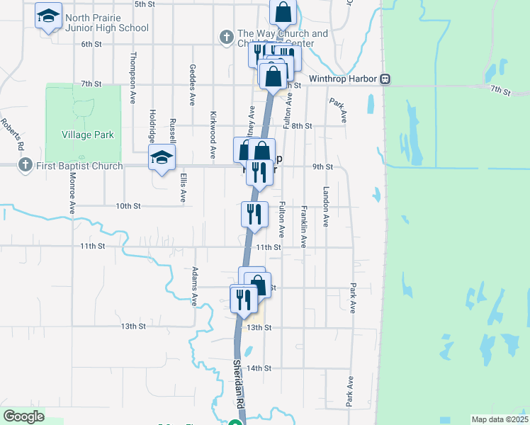 map of restaurants, bars, coffee shops, grocery stores, and more near 1717 10th Street in Winthrop Harbor